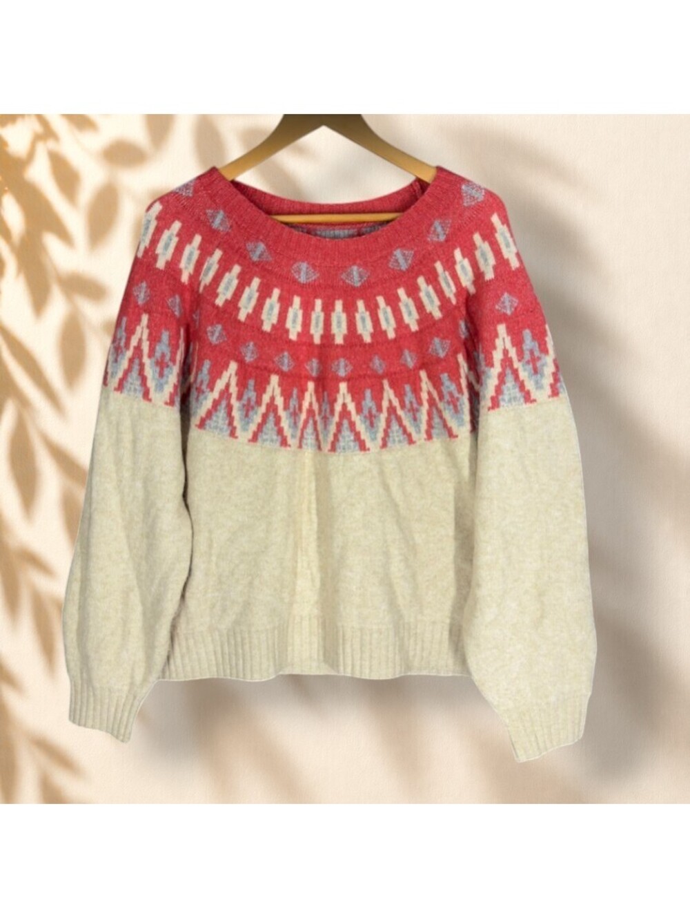 Lucky Brand Sweater Pullover Women XL Beige Geometric Knit Soft Cozy Long Sleeve
